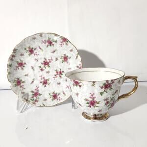 Vintage Napco China Teacup Saucer Set Rose Chintz 1DD321 Gold Rim Hand Painted
